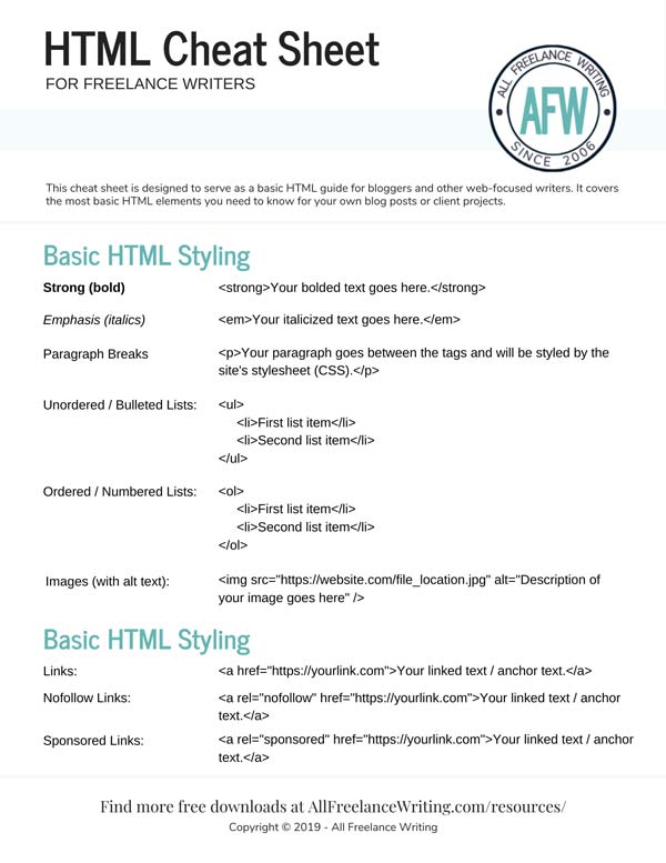 Image of a downloadable HTML cheat sheet for freelance writers explaining basic html styling for links, bold text, italics, breaks, lists, and images with alt tags.