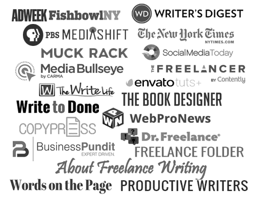 Logos from publications featuring Jennifer Mattern or All Freelance Writing as an expert source or solicited author, interview subject, or ranked resource -- including AdWeek, PBS, The New York Times, Writer's Digest, and more.