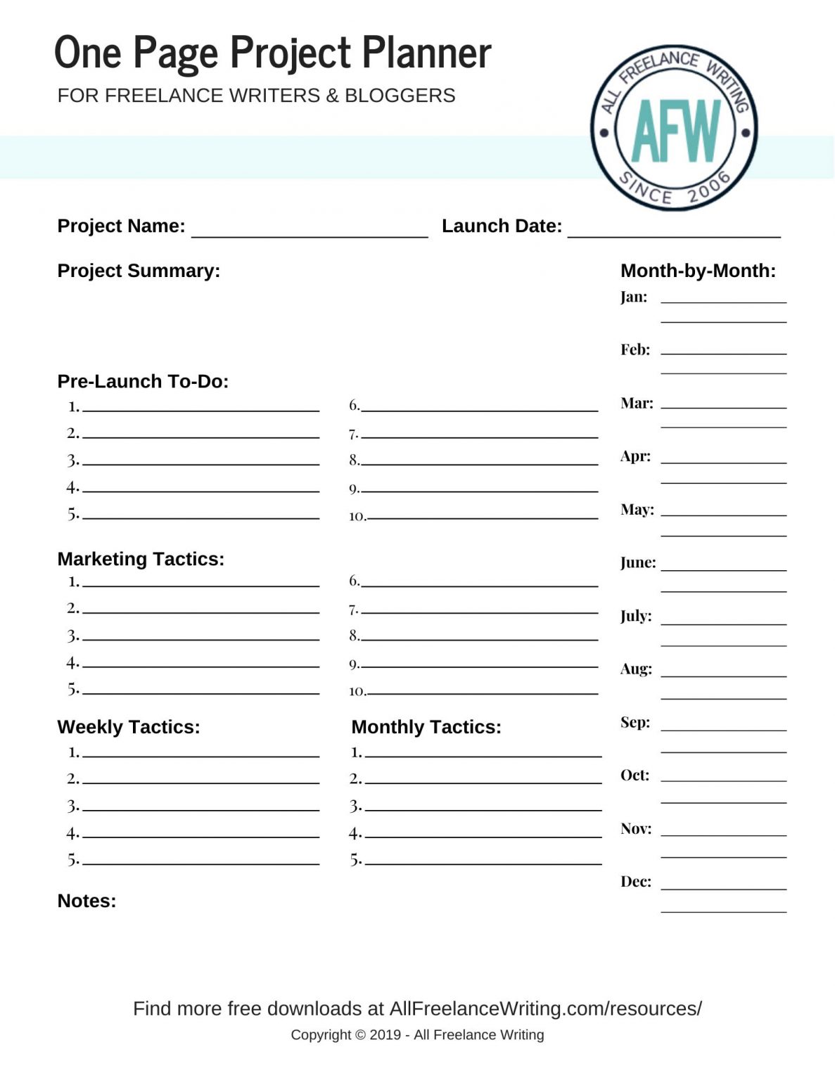 Image of a downloadable one-page project planner worksheet for freelance writers and bloggers including a pre-launch to-do list, marketing tactics, and scheduled weekly, monthly, and month-to-month planning