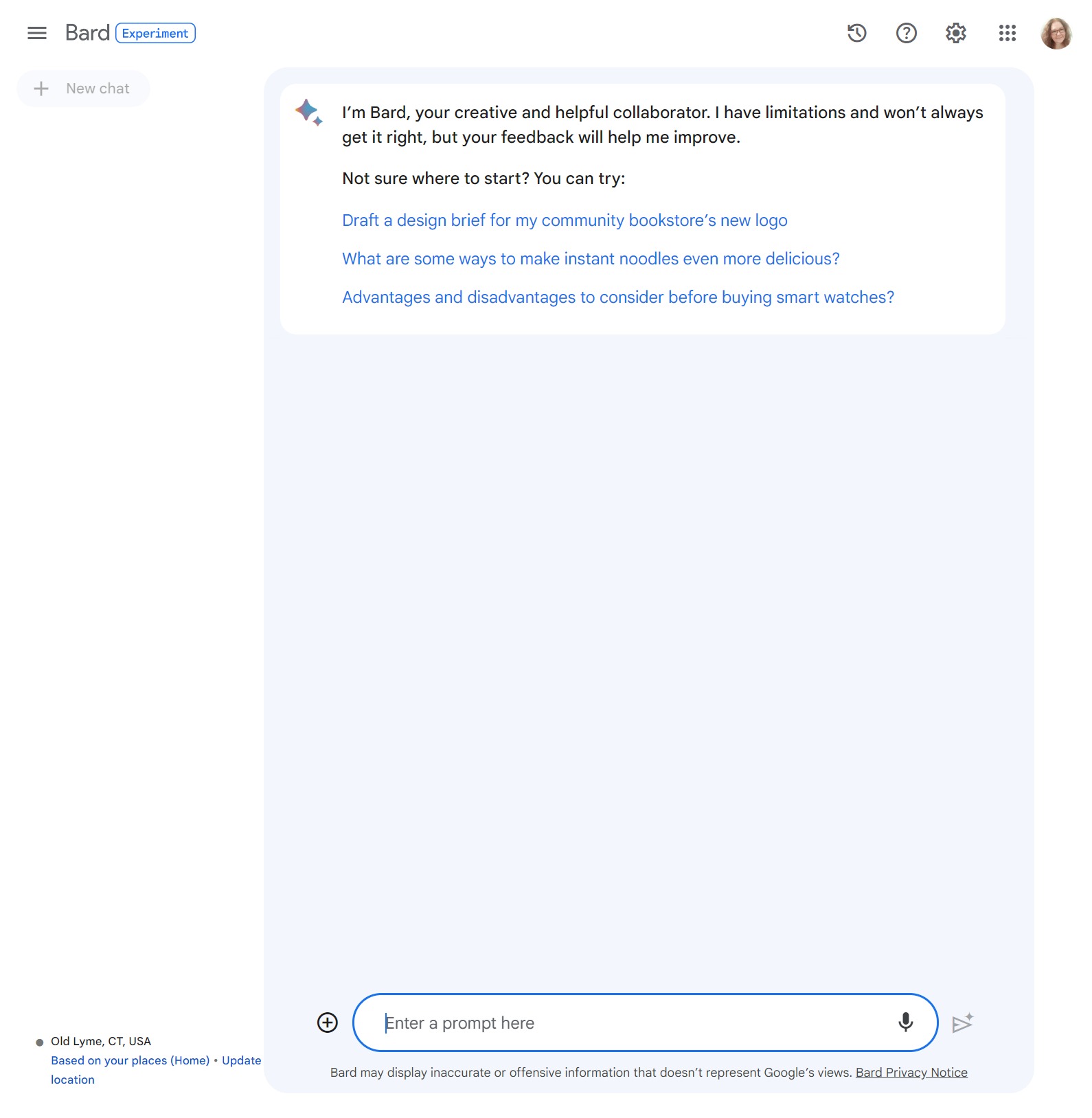 Screenshot of the interface for Google's new AI chatbot, Bard. Like similar AI writing tools it features a text input box at the bottom for users to enter questions or prompts. In the main message area where input prompts and output messages will appear is an introductory message from Google with some suggested topics to ask if you aren't sure what you want to ask Bard. To the left is a column where your Bard conversations will appear if your account is set to save them.